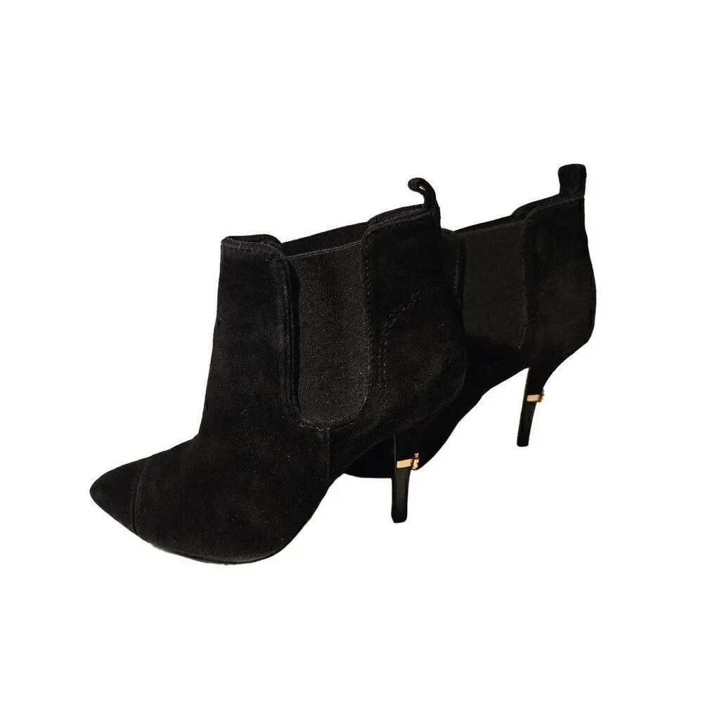 Tory Burch black suede ankle booties with gold emblem on heel. Size 7.